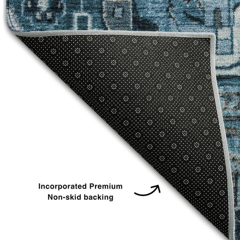 9' X 12' Blue And Ivory Oriental Washable Area Rug With UV Protection
