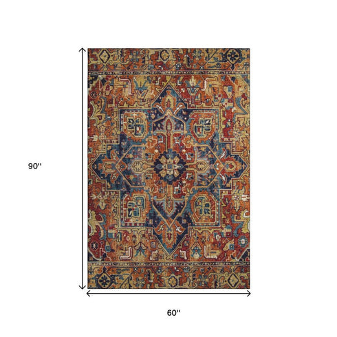 9' X 12' Rust Blue And Gold Oriental Washable Area Rug With UV Protection