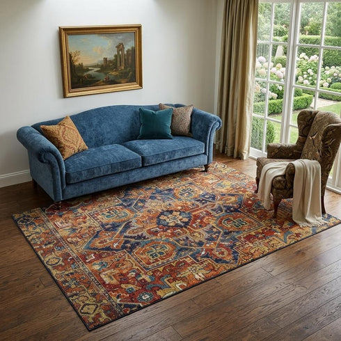 9' X 12' Rust Blue And Gold Oriental Washable Area Rug With UV Protection