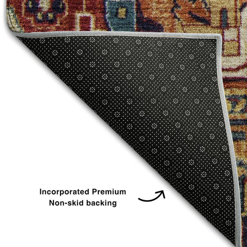 9' X 12' Rust Blue And Gold Oriental Washable Area Rug With UV Protection