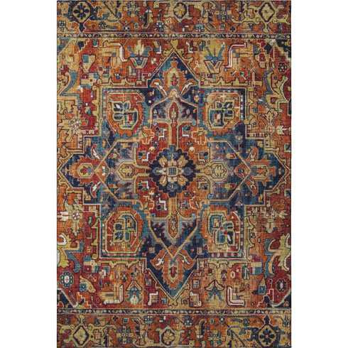 9' X 12' Rust Blue And Gold Oriental Washable Area Rug With UV Protection