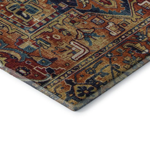 9' X 12' Rust Blue And Gold Oriental Washable Area Rug With UV Protection