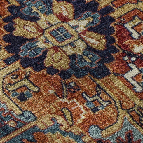 9' X 12' Rust Blue And Gold Oriental Washable Area Rug With UV Protection