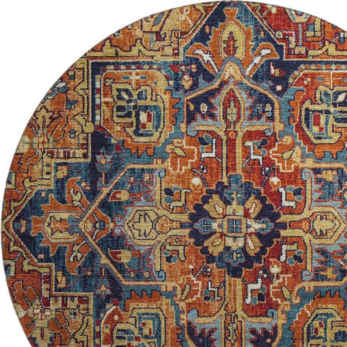 9' X 12' Rust Blue And Gold Oriental Washable Area Rug With UV Protection