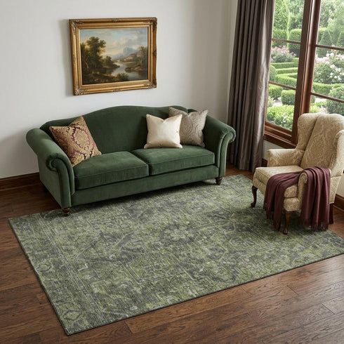 9' X 12' Green And Gray Medallion Distressed Washable Area Rug With UV Protection