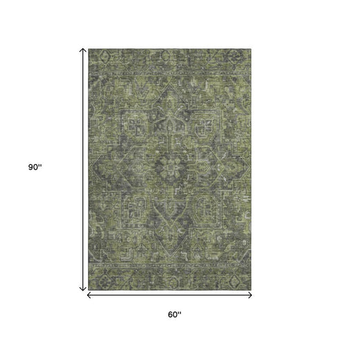 9' X 12' Green And Gray Medallion Distressed Washable Area Rug With UV Protection