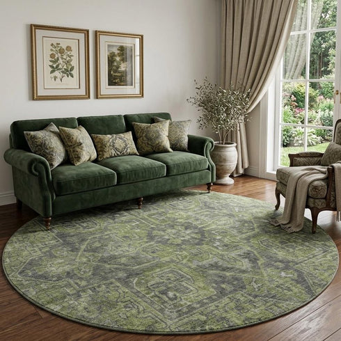 9' X 12' Green And Gray Medallion Distressed Washable Area Rug With UV Protection