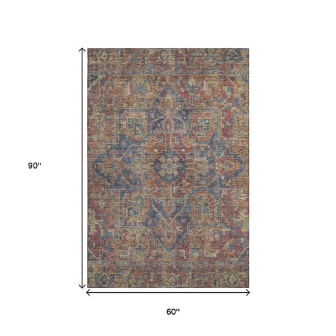 9' X 12' Red And Blue Medallion Distressed Washable Area Rug With UV Protection