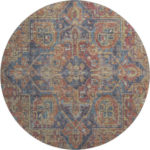 9' X 12' Red And Blue Medallion Distressed Washable Area Rug With UV Protection