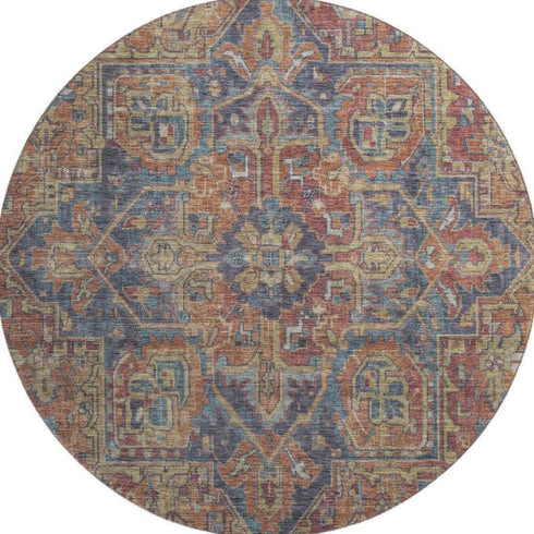 9' X 12' Red And Blue Medallion Distressed Washable Area Rug With UV Protection