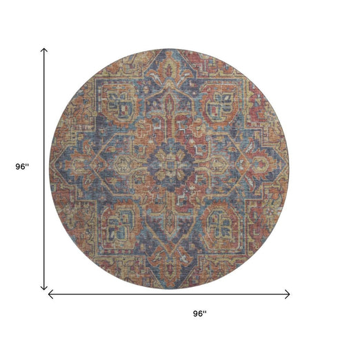 9' X 12' Red And Blue Medallion Distressed Washable Area Rug With UV Protection