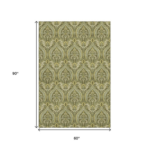 9' X 12' Green And Ivory Floral Washable Area Rug With UV Protection