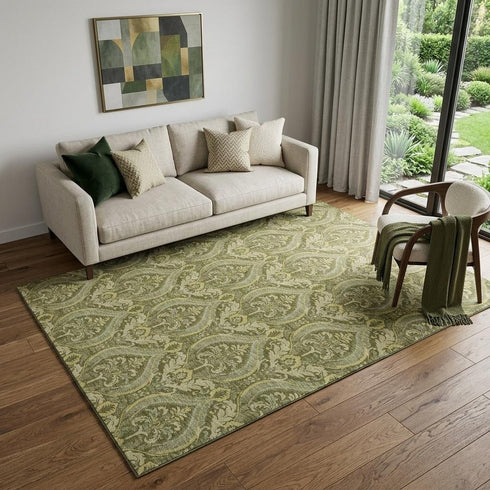 9' X 12' Green And Ivory Floral Washable Area Rug With UV Protection