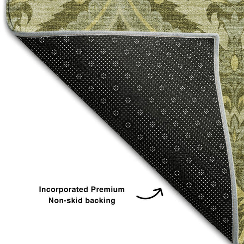 9' X 12' Green And Ivory Floral Washable Area Rug With UV Protection