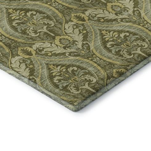 9' X 12' Green And Ivory Floral Washable Area Rug With UV Protection
