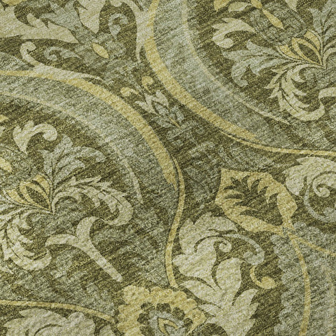9' X 12' Green And Ivory Floral Washable Area Rug With UV Protection
