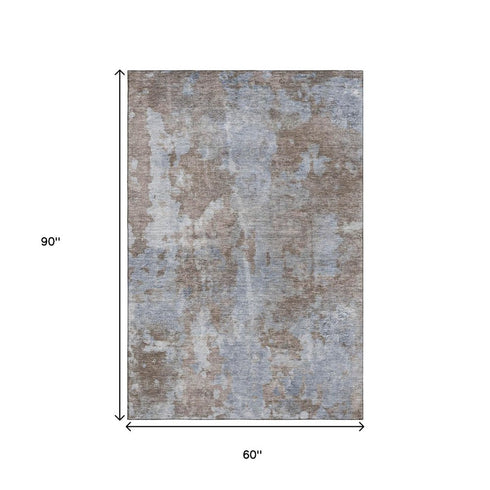 5' X 8' Brown And Ivory Abstract Washable Area Rug With UV Protection