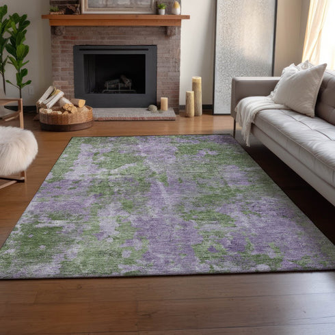 8' X 10' Green And Ivory Abstract Washable Area Rug With UV Protection