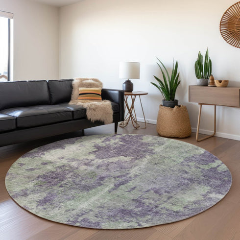8' Purple And Ivory Abstract Washable Round Rug With UV Protection