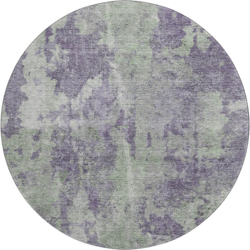 8' Purple And Ivory Abstract Washable Round Rug With UV Protection