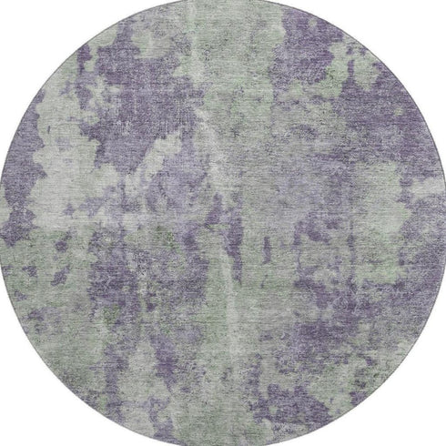 8' Purple And Ivory Abstract Washable Round Rug With UV Protection