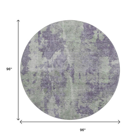 8' Purple And Ivory Abstract Washable Round Rug With UV Protection