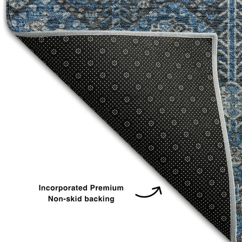 9' X 12' Blue And Ivory Tribal Washable Area Rug With UV Protection