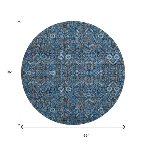9' X 12' Blue And Ivory Tribal Washable Area Rug With UV Protection