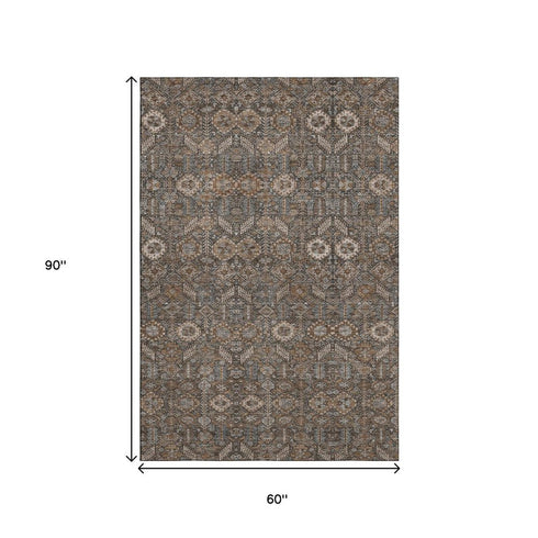 9' X 12' Chocolate And Gray Tribal Washable Area Rug With UV Protection
