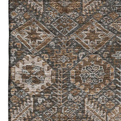 9' X 12' Chocolate And Gray Tribal Washable Area Rug With UV Protection