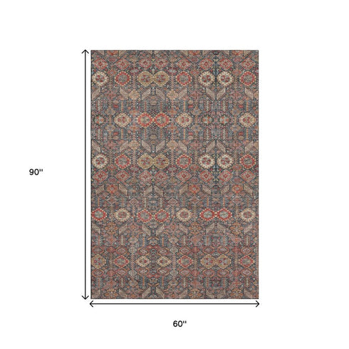 9' X 12' Red Gold And Gray Tribal Washable Area Rug With UV Protection