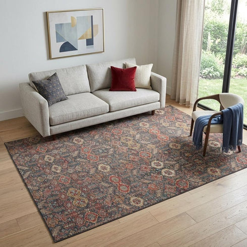 9' X 12' Red Gold And Gray Tribal Washable Area Rug With UV Protection