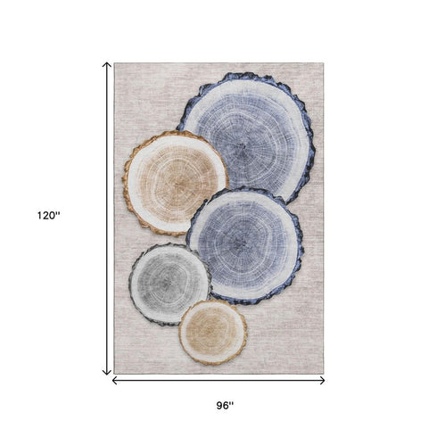 9' X 12' Beige Blue And Ivory Woodland Lodge Washable Area Rug With UV Protection