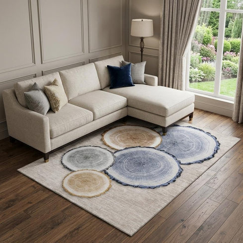 9' X 12' Beige Blue And Ivory Woodland Lodge Washable Area Rug With UV Protection