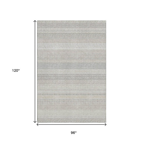 8' X 10' Ivory And Beige Striped Washable Area Rug With UV Protection