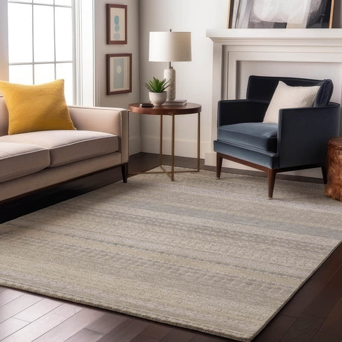 8' X 10' Ivory And Beige Striped Washable Area Rug With UV Protection