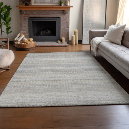 8' X 10' Ivory And Beige Striped Washable Area Rug With UV Protection