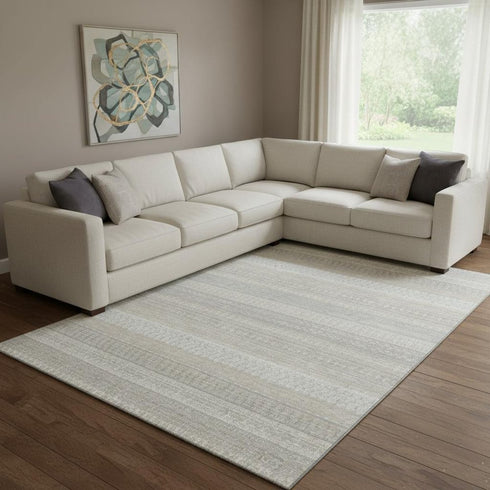 8' X 10' Ivory And Beige Striped Washable Area Rug With UV Protection