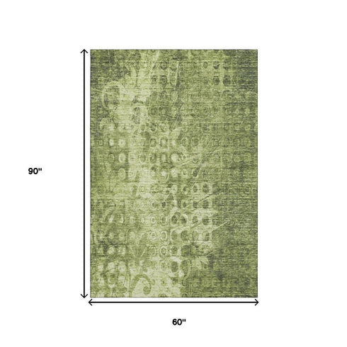 9' X 12' Olive Green And Ivory Ikat Washable Area Rug With UV Protection