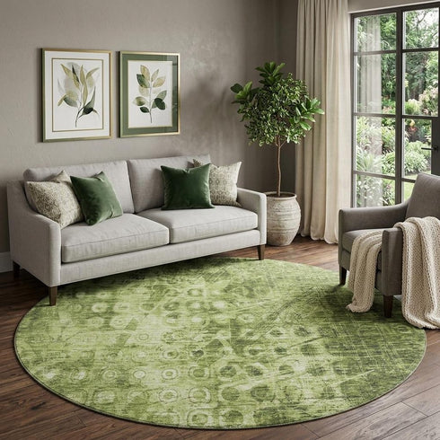 9' X 12' Olive Green And Ivory Ikat Washable Area Rug With UV Protection