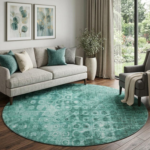 5' X 8' Teal And Ivory Ikat Washable Area Rug With UV Protection