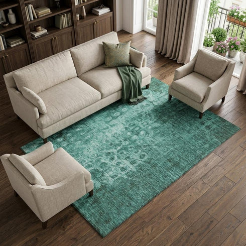 5' X 8' Teal And Ivory Ikat Washable Area Rug With UV Protection