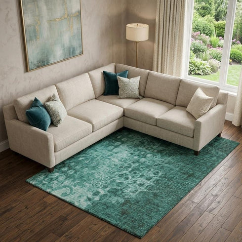 5' X 8' Teal And Ivory Ikat Washable Area Rug With UV Protection