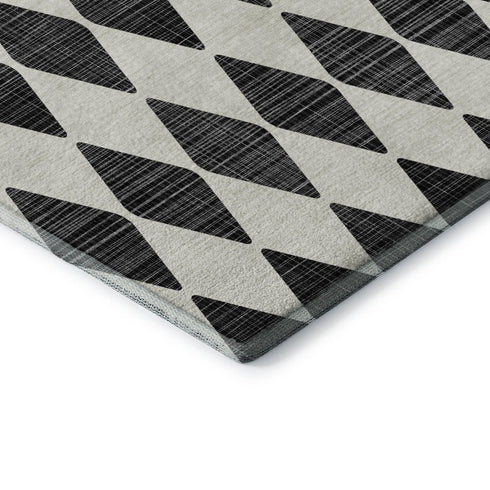 9' X 12' Black And Ivory Diamond Washable Area Rug With UV Protection