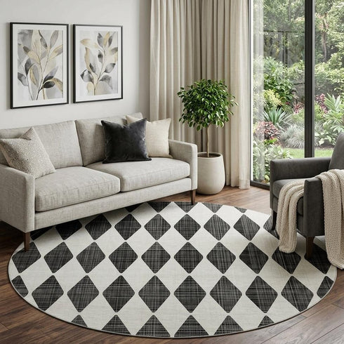 9' X 12' Black And Ivory Diamond Washable Area Rug With UV Protection
