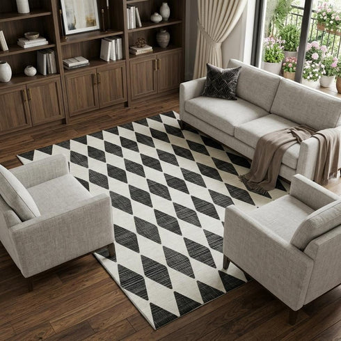 9' X 12' Black And Ivory Diamond Washable Area Rug With UV Protection