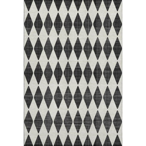 9' X 12' Black And Ivory Diamond Washable Area Rug With UV Protection