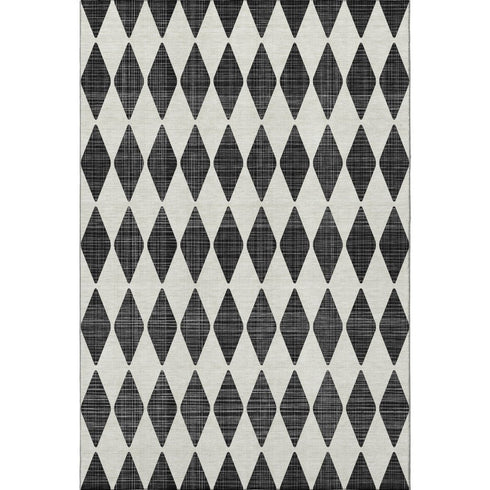 9' X 12' Black And Ivory Diamond Washable Area Rug With UV Protection