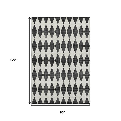 9' X 12' Black And Ivory Diamond Washable Area Rug With UV Protection