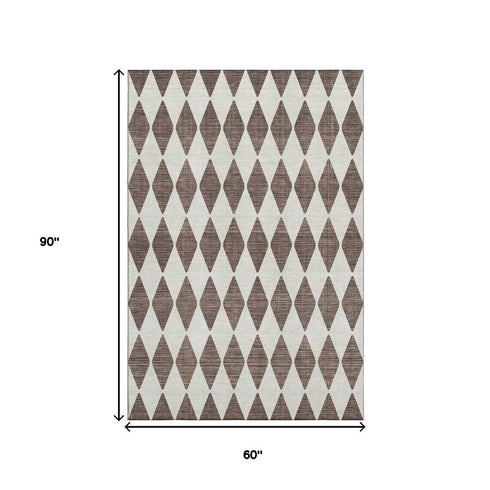 9' X 12' Brown And Ivory Diamond Washable Area Rug With UV Protection